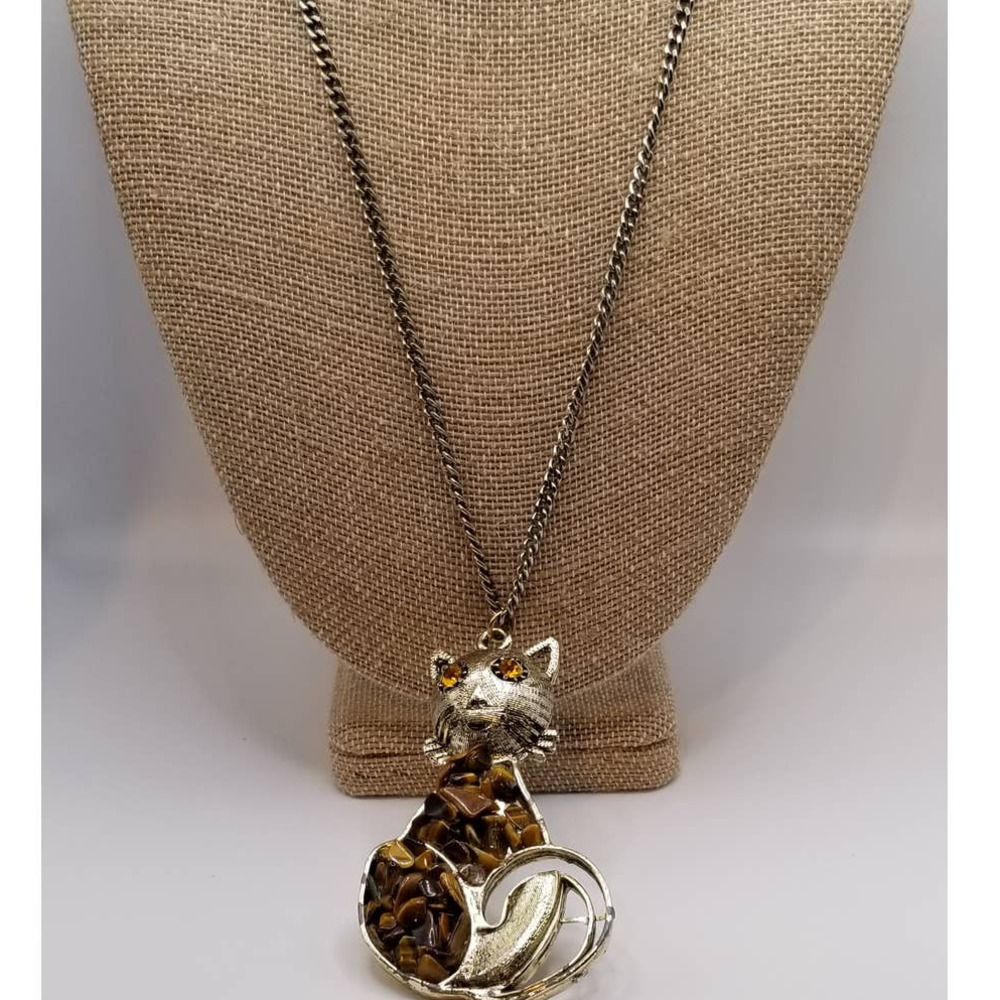 Artisan Stone Embellished Cat Pendant Necklace